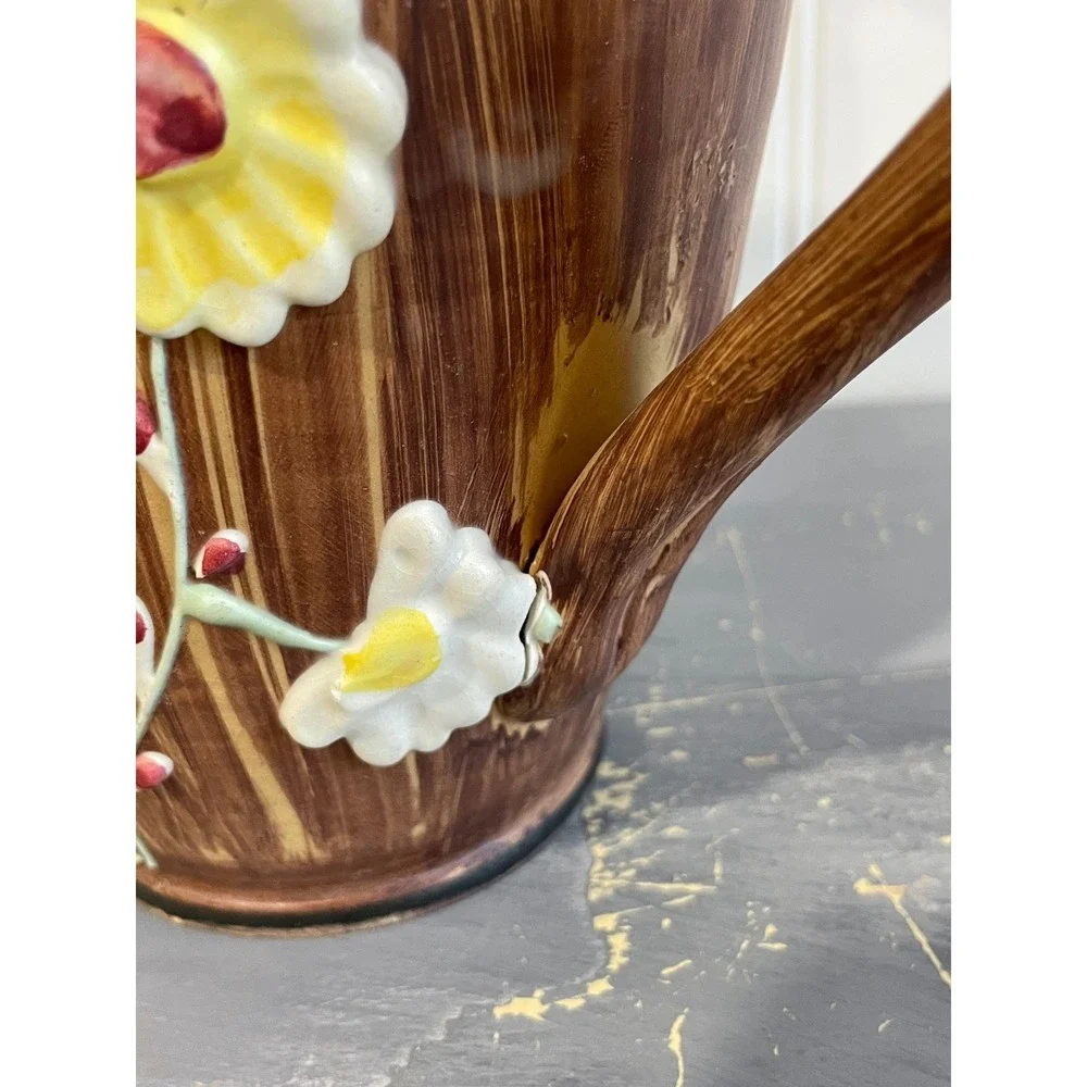 Vintage Hand Painted Italy Ceramic Floral Pitcher Brown‎ Wood Grain 3D Daisy Jug